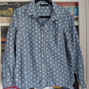 Tommy Hilfiger Women’s Large Blue Polka Dot Denim Look Shirt Preppy Coastal